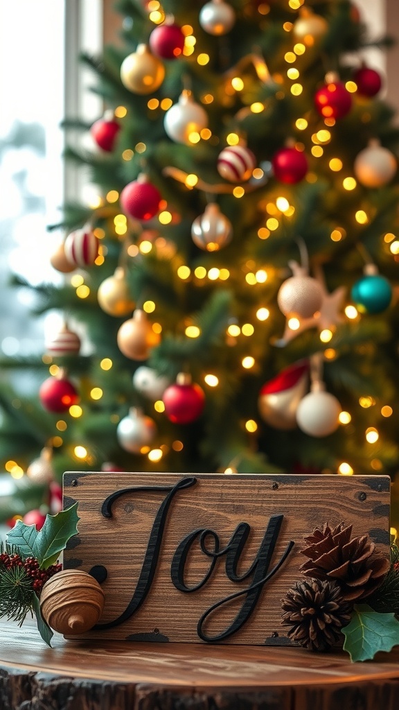 Inspirational One-Word Christmas Quotes A Christmas tree with lights and ornaments, featuring a sign that says